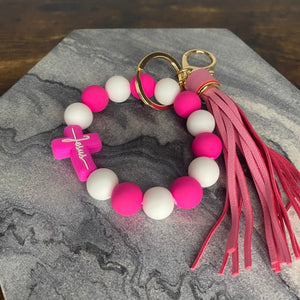 Silicone Bracelet Keychain - Jesus, White & Pink