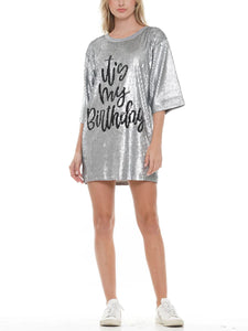 It’s My Birthday Sequin Shirt Dress: Silver