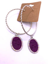 Load image into Gallery viewer, Designer Upcycle Beveled Silver Hoops Purple
