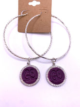 Load image into Gallery viewer, Designer Upcycle Beveled Silver Hoops Purple
